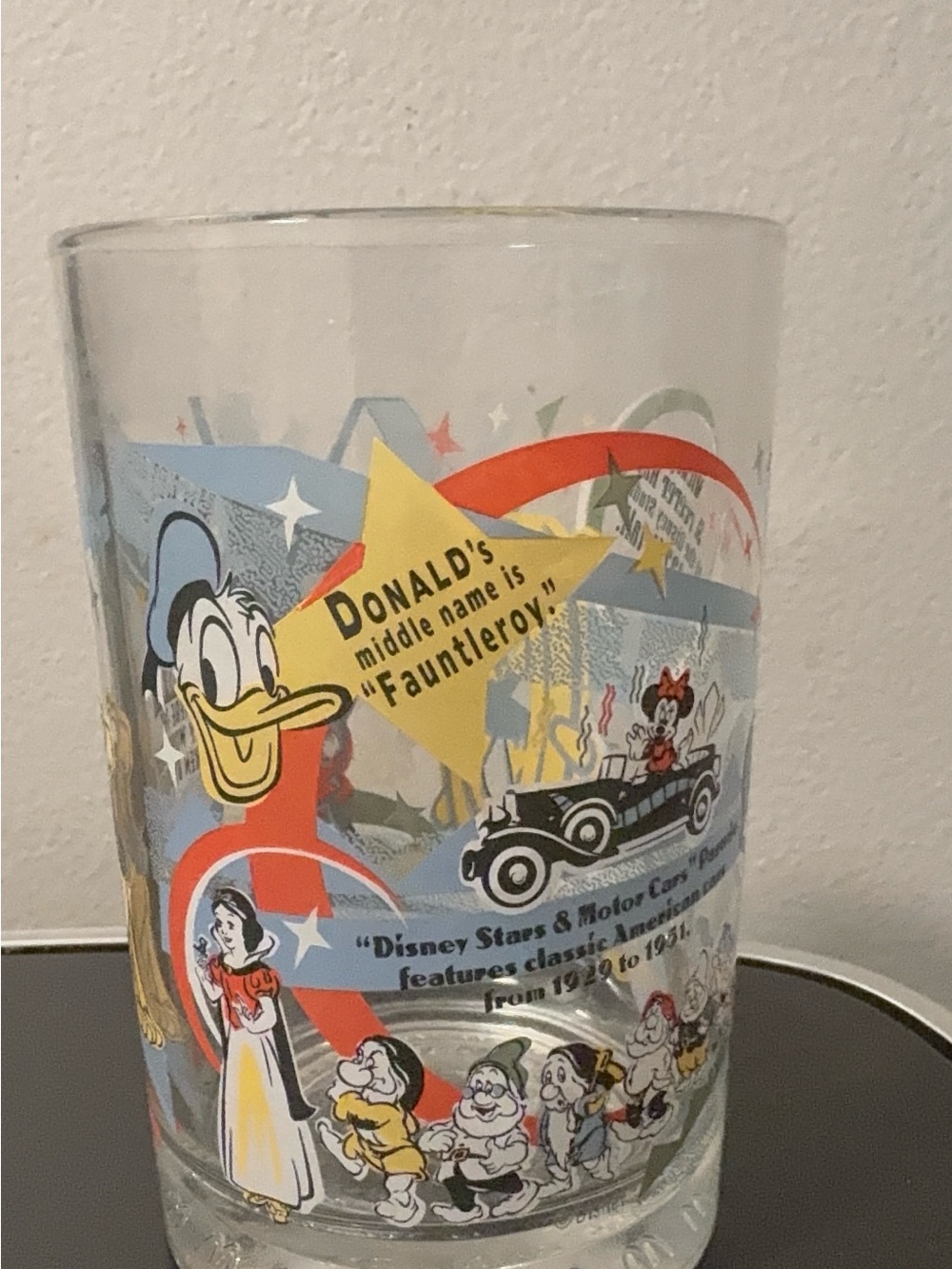 Vintage Disney Glass with Donald Duck Mickey Mouse & Snow White Characters